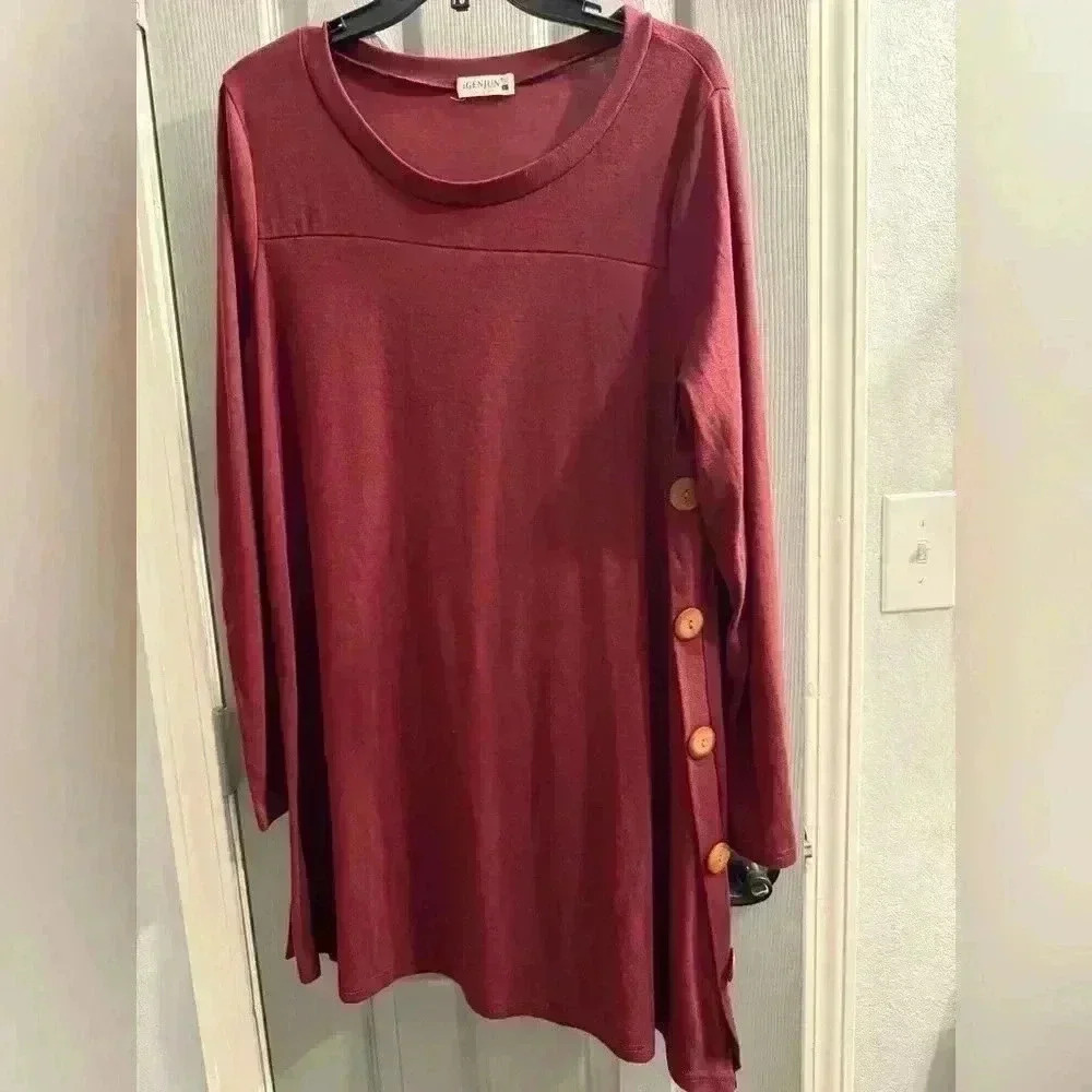 iGENJUN Burgandy long sleeve dress with buttons on left side. NWOT Size XL